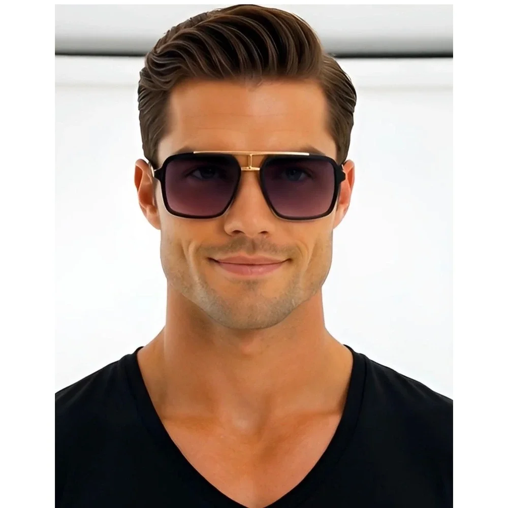 Mens Oversized Square Hip Hop Sunglasses Black Gold Double Bridge Gradient‎ Lens